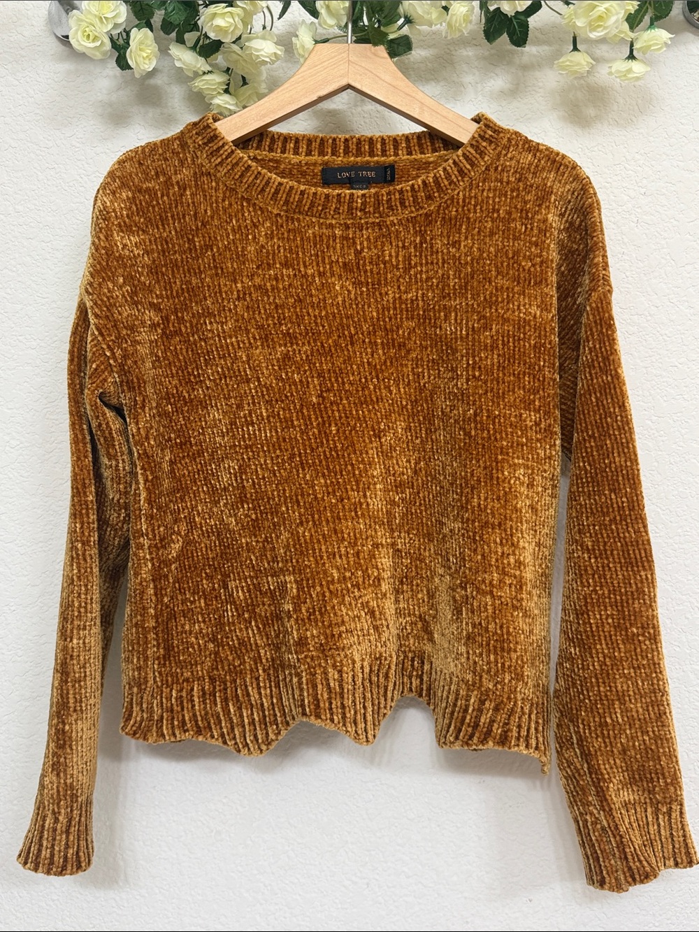 Love Tree • Mustard Gold Plush Chenille Velvet Knit Sweater Small